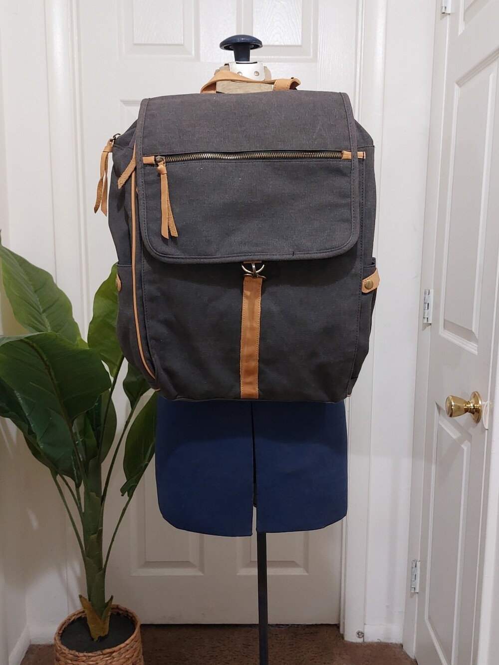 Hearth & Hand Charcoal Canvas Backpack with Tan Leather Trim